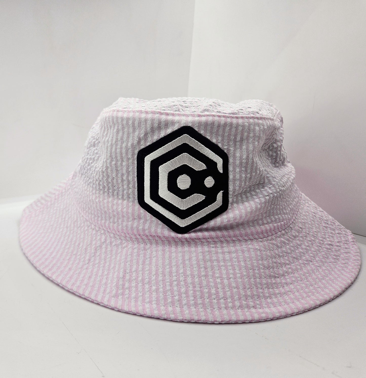 Pink Seersucker Bucket Hat with Patch