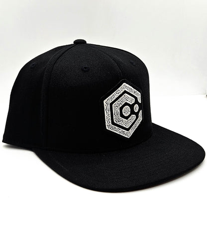 Black Snapback Hat with Black & White Thumbprint Patch