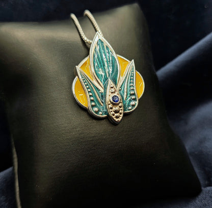 Teal & Gold Orchid Pendant With Faceted Sapphire