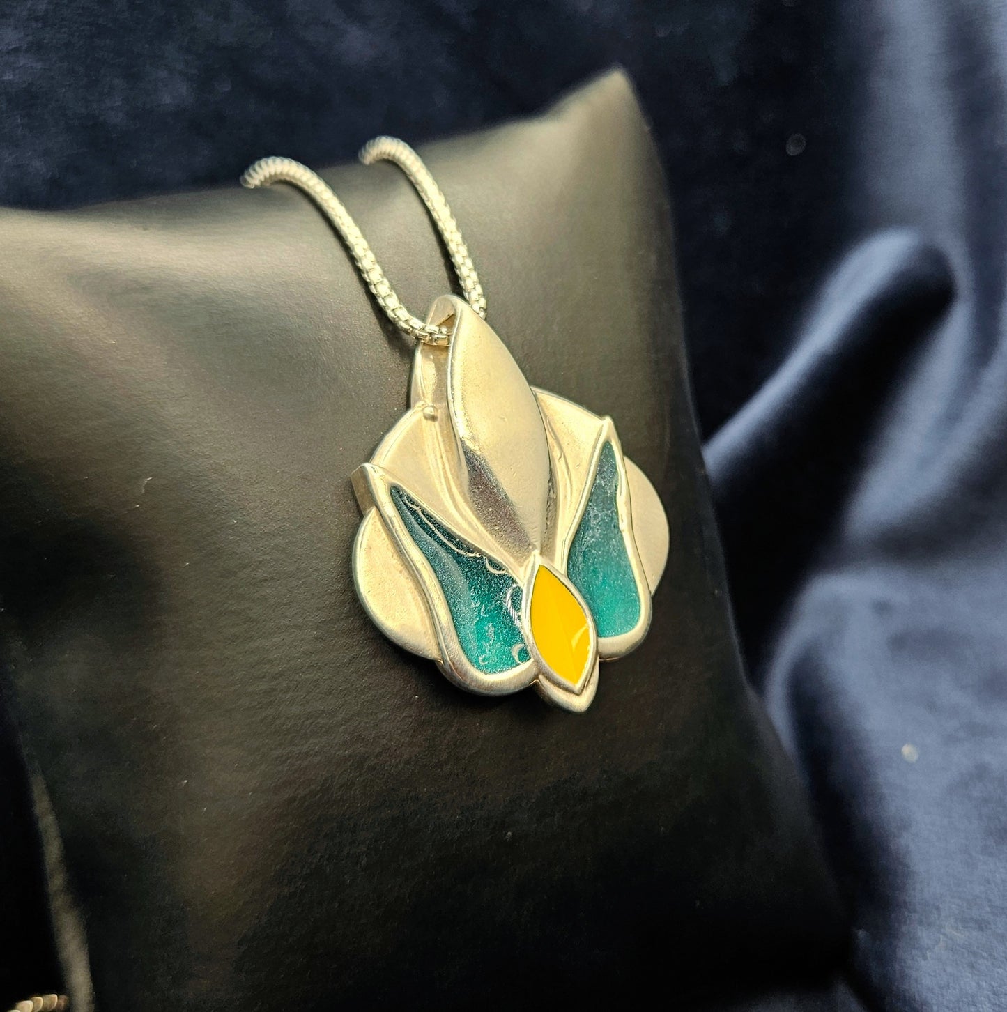 Teal & Gold Orchid Pendant With Faceted Sapphire