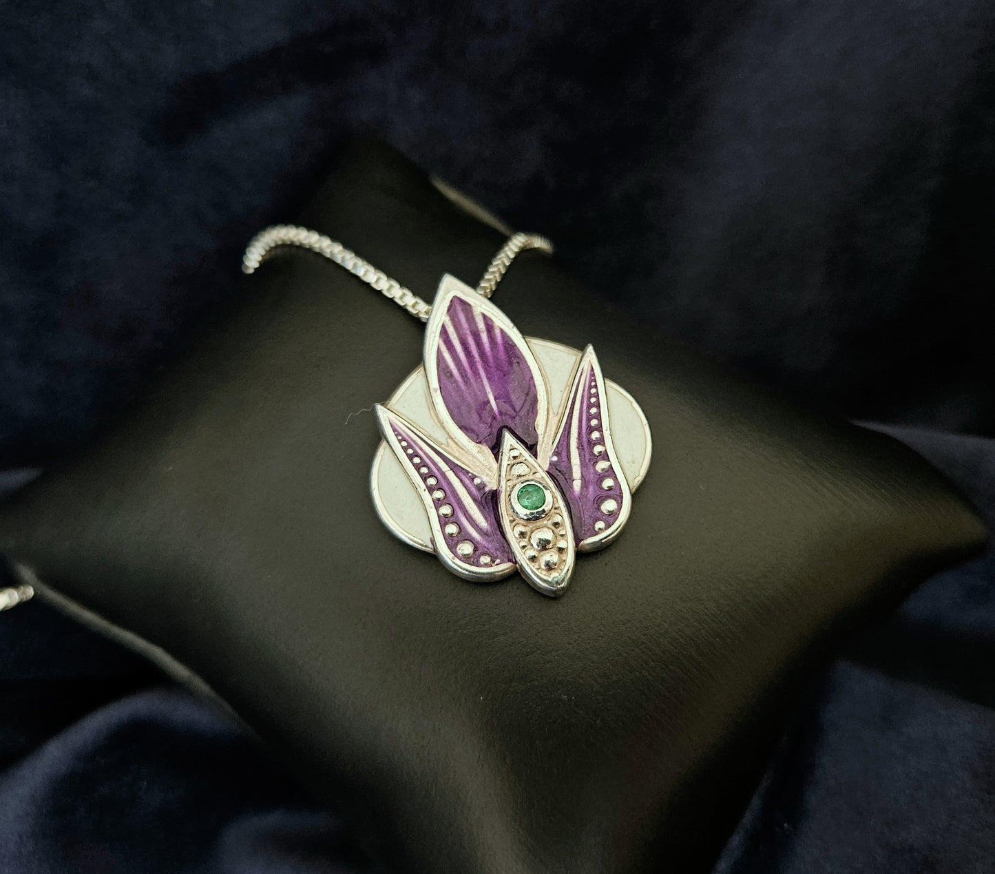 Purple & White Orchid Pendant With Faceted Emerald