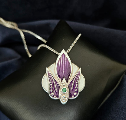 Purple & White Orchid Pendant With Faceted Emerald