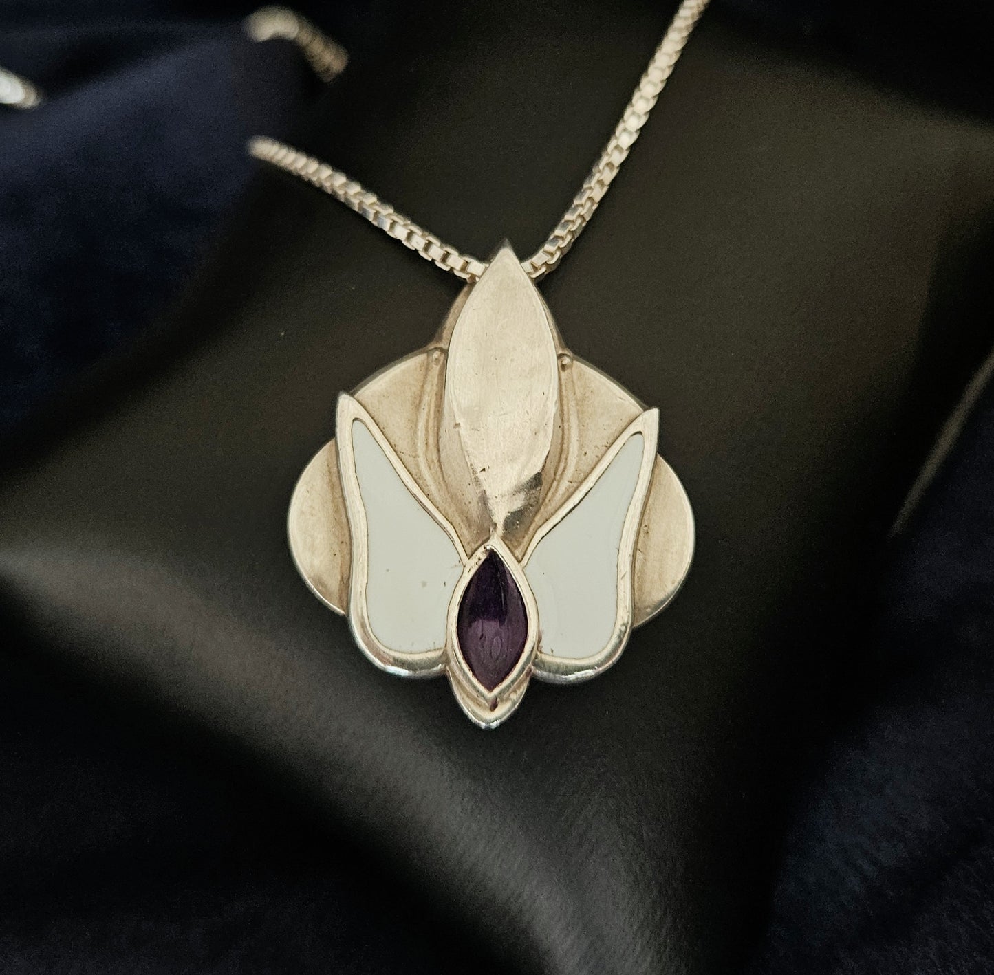 Purple & White Orchid Pendant With Faceted Emerald