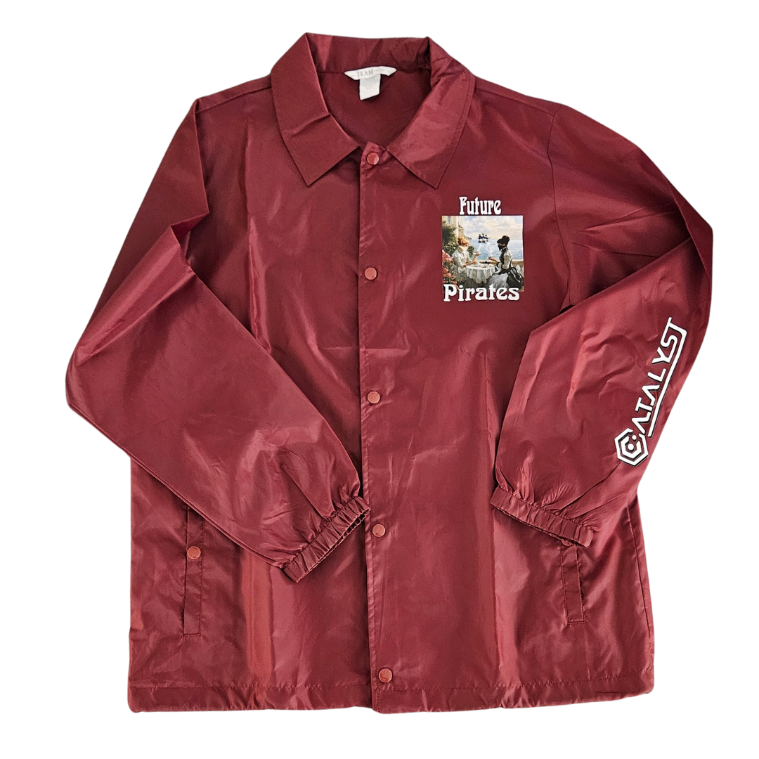 Maroon, jacket, polyester, water resistant, pockets, buttons, catalyst gallery, art, denver