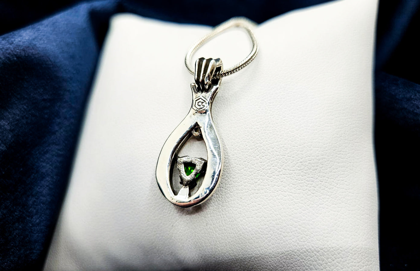 "Lotus Droplet" Tsavorite with Sapphire Sterling Silver Pendant