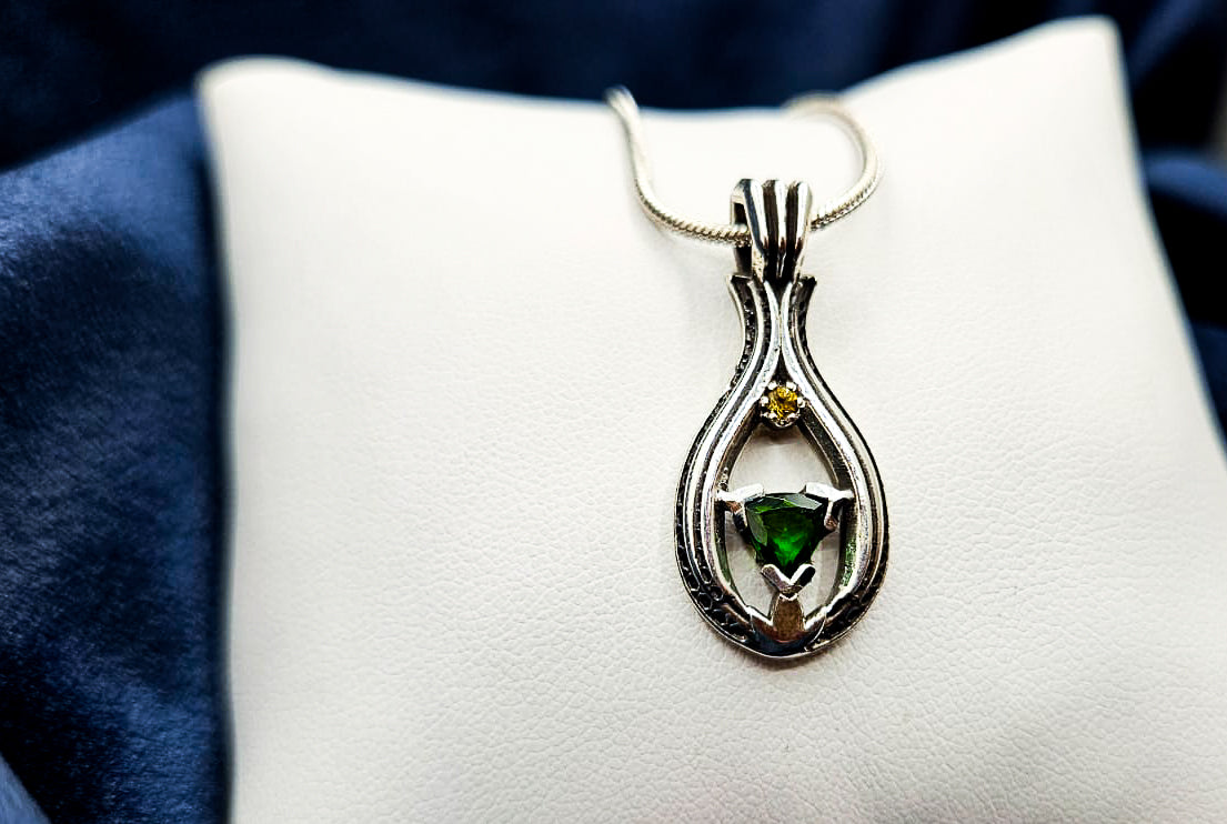 "Lotus Droplet" Tsavorite with Sapphire Sterling Silver Pendant