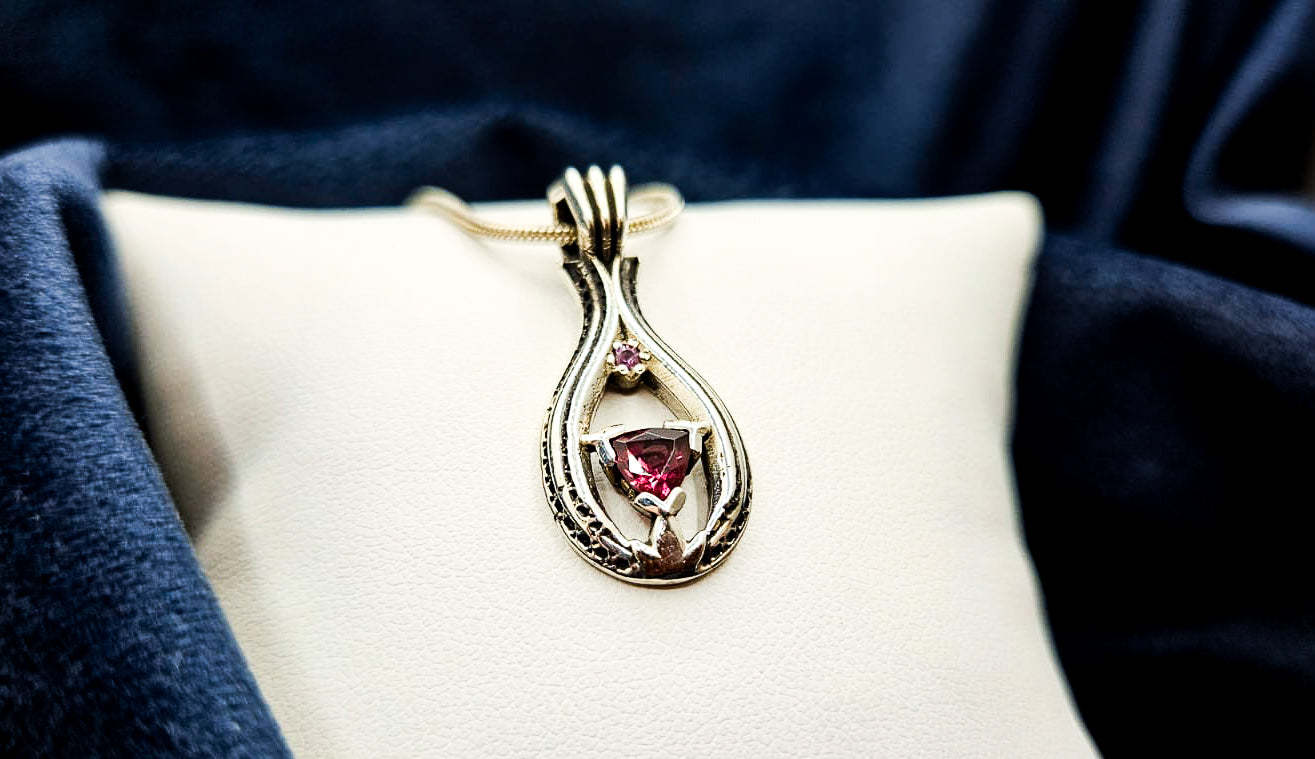 "Lotus Droplet" Pink Tourmaline with Sapphire Sterling Silver Pendant