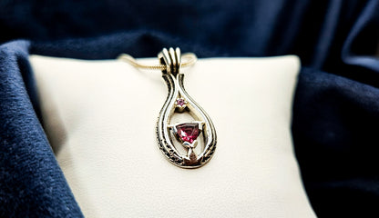 "Lotus Droplet" Pink Tourmaline with Sapphire Sterling Silver Pendant