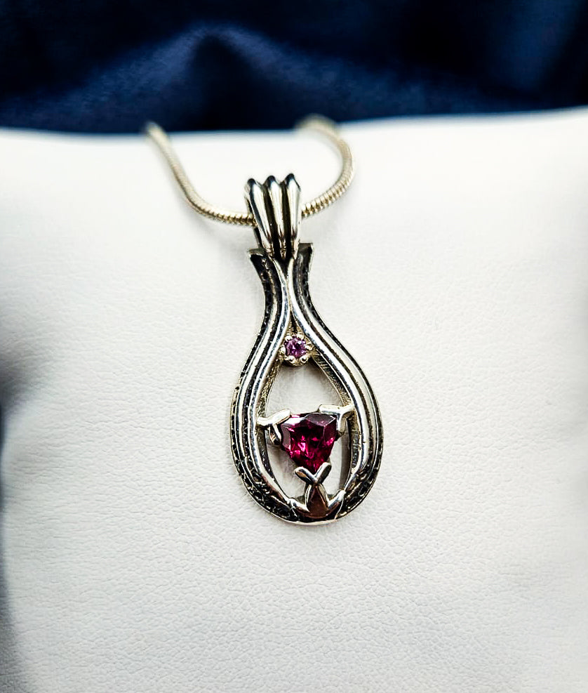 "Lotus Droplet" Pink Tourmaline with Sapphire Sterling Silver Pendant