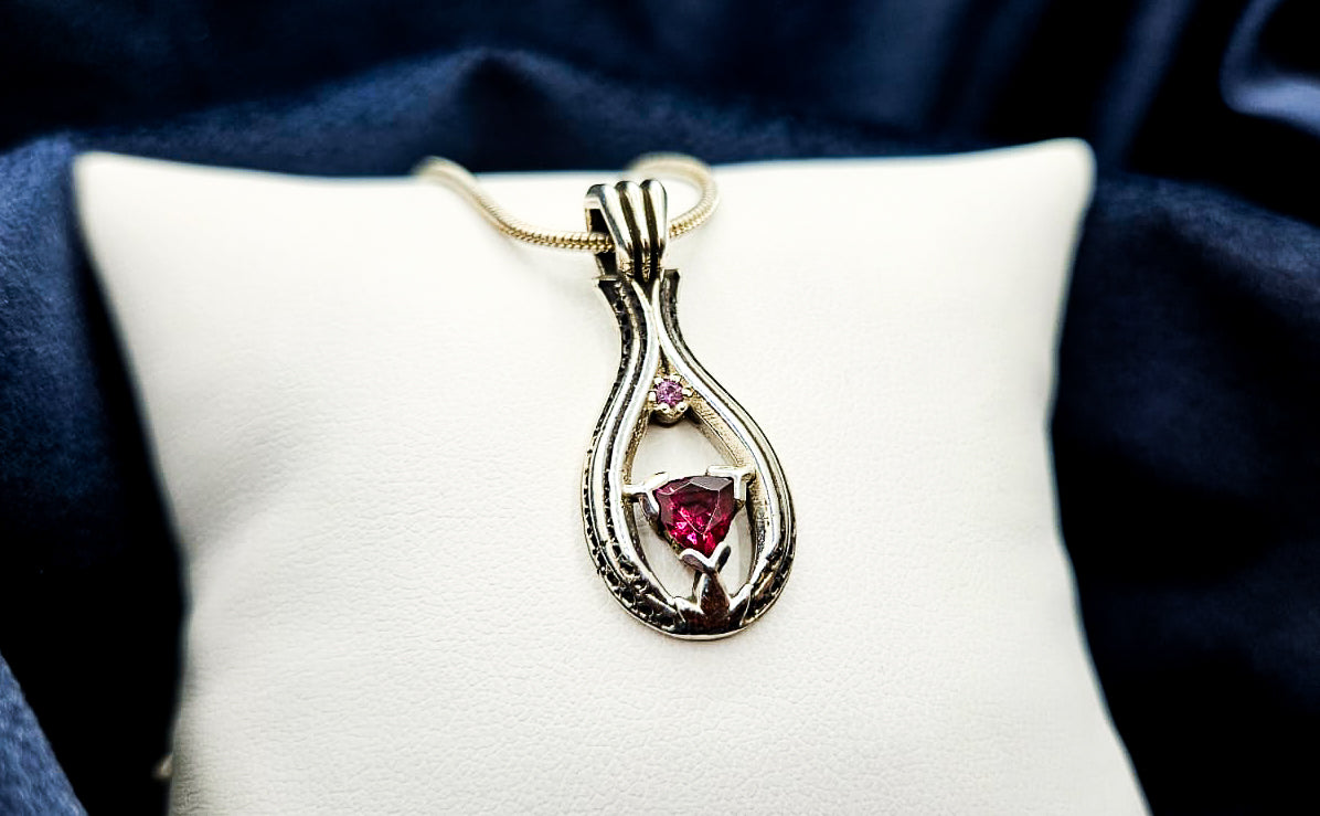 "Lotus Droplet" Pink Tourmaline with Sapphire Sterling Silver Pendant