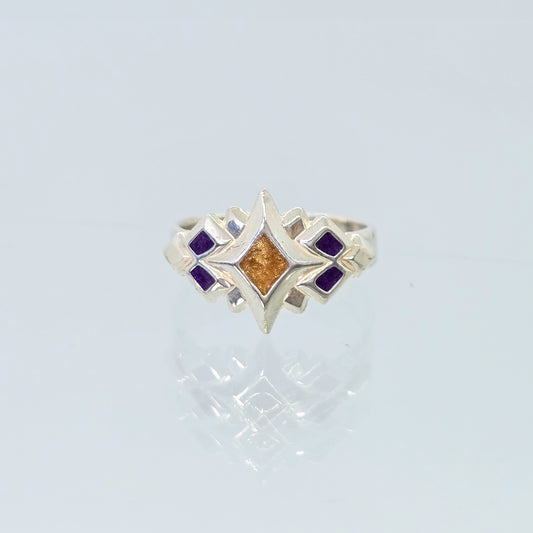 Sterling Silver & Enamel Starburst Ring (Gold & Purple)