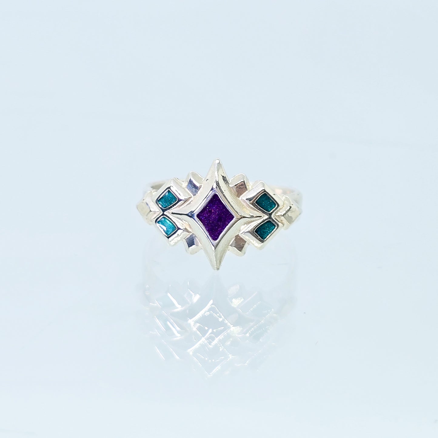 Sterling Silver & Enamel Starburst Ring (Purple & Teal)