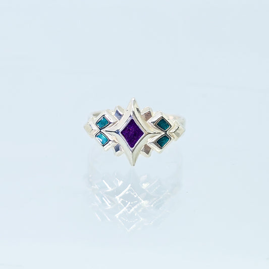 Sterling Silver & Enamel Starburst Ring (Purple & Teal)